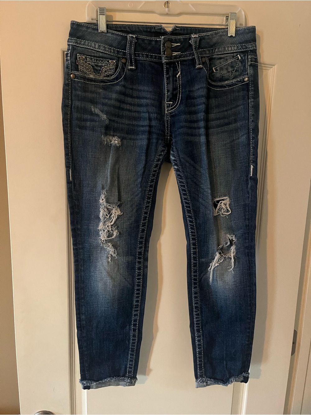 Vigoss Dark Blue Distressed Women’s Skinny Cropped Jeans Size 29 - Picture 1 of 16